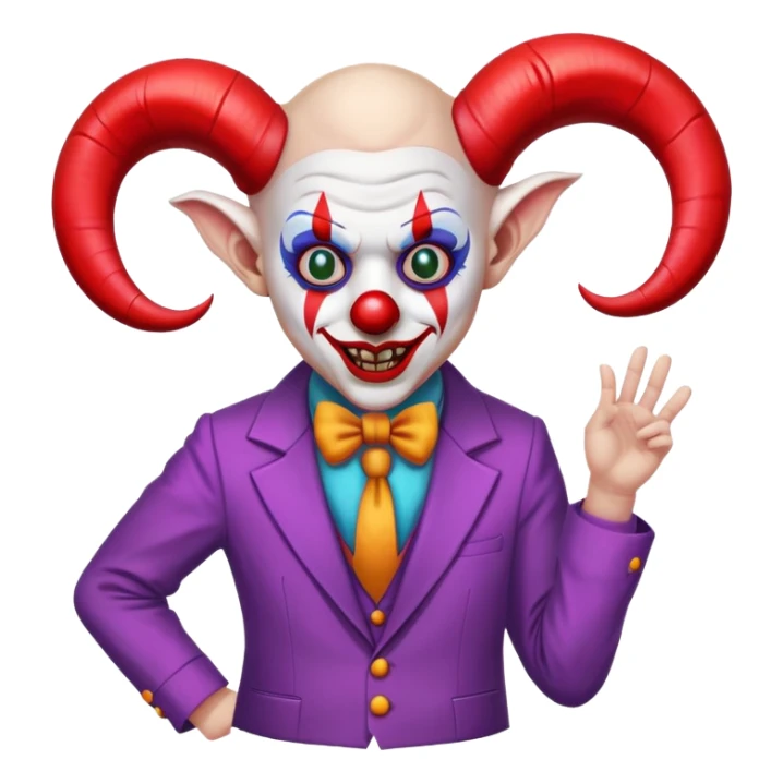 demonic clown wearing a leisure suit, bald with ram horns sticker