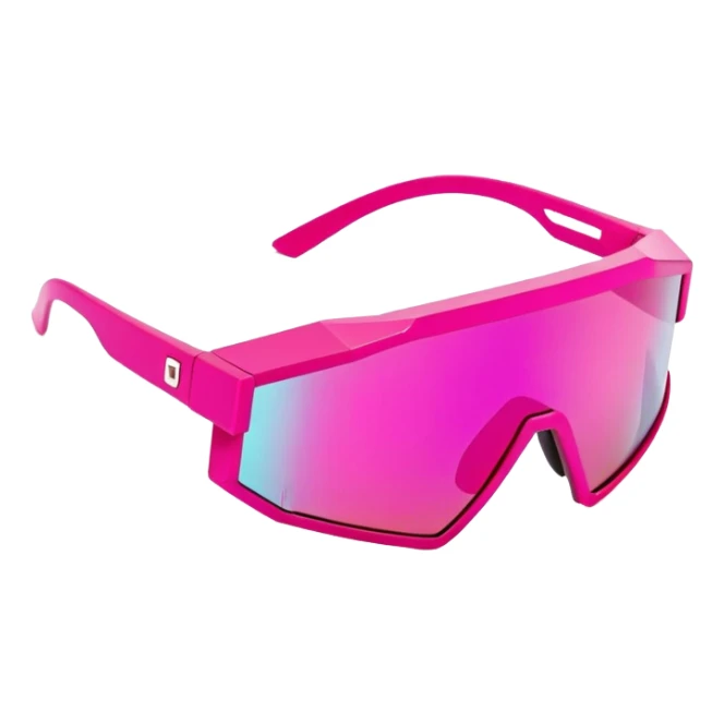 sporty hot pink shield visor sunglasses with thick angular frame, geometric chunky design, substantial build, one-piece lens sticker