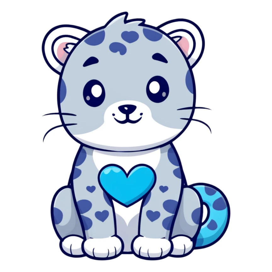 snow leopard with blue fur, white spots, and a heart sticker