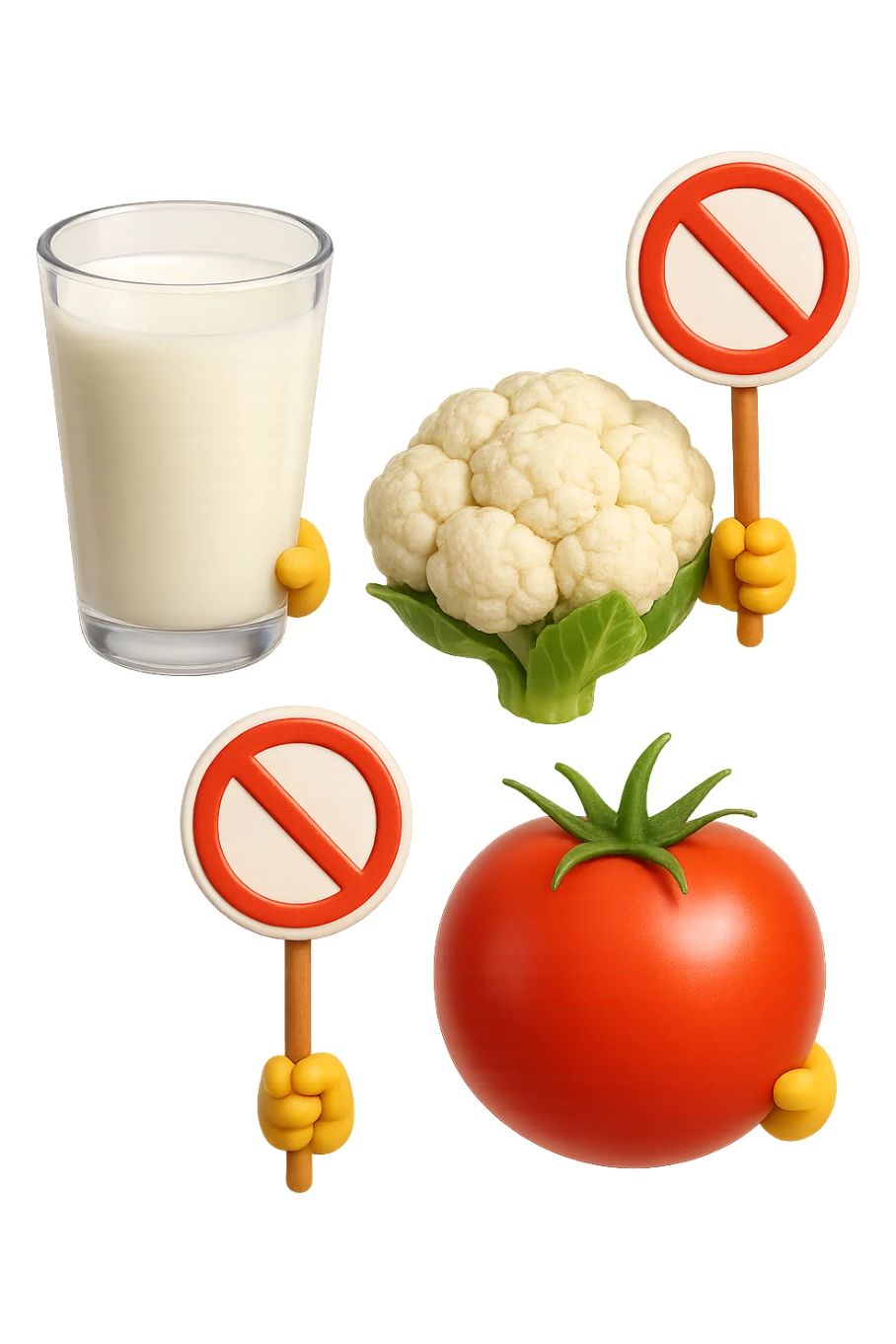 emoji stile iphone di un BICCHIERE DI LATTE CAVOLFIORE E POMODORO CHE FLUTTUANO IN ARIA VERTICALMENTE CON DIVIETI IN MANO, iperrealistico 4k, isolato su sfondo bianco sticker