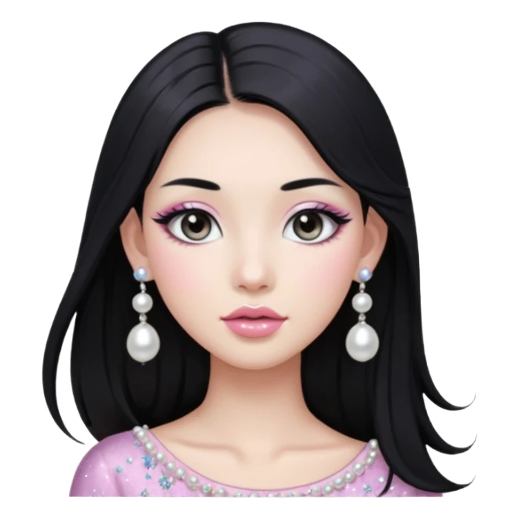 asian long black hair silver grey eyes glossy lips glittery white and light pink eyeshadow girl pearl earrings sticker