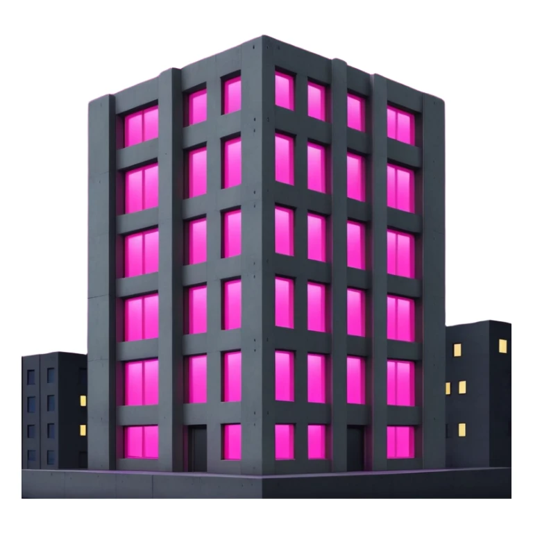 Nighttime scene of a Russian concrete panel building, dark gray rectangular structure against night sky, one window with intense bright pink UV grow light glowing in the darkness sticker