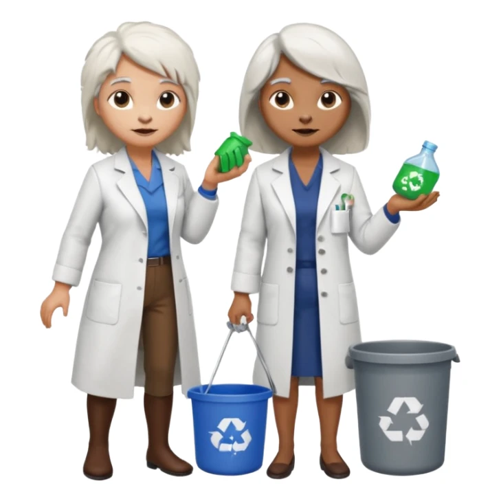 an woman otter picking up trash bins, next to a mad scientist sticker