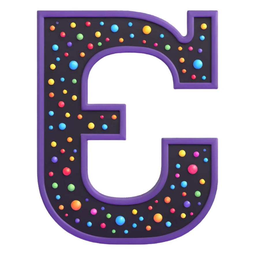 big bold letter C in lime green electric color with googly eyes on top, with a glossy finish and sparkles sticker