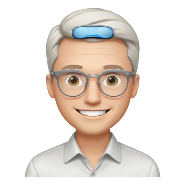 30 yr old pale white man, white/grey side swept stylish hair, round glasses, big smile, white teeth, handsome, longer hair, thin glasses, white dress shirt, smooth forehead, botox, no tie, open collar sticker