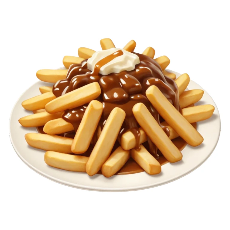 poutine, québec, white cheese curds with gravy on fries in a white plate sticker