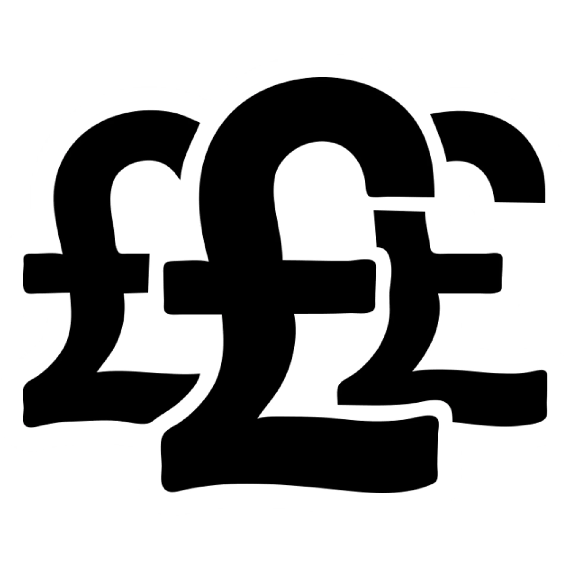 three overlapping pound sterling signs (£), all the same shape and style, filled white with black outline, two smaller ones in the rear layer, one larger in the front, minimal design, for IT procurement icon, white background sticker