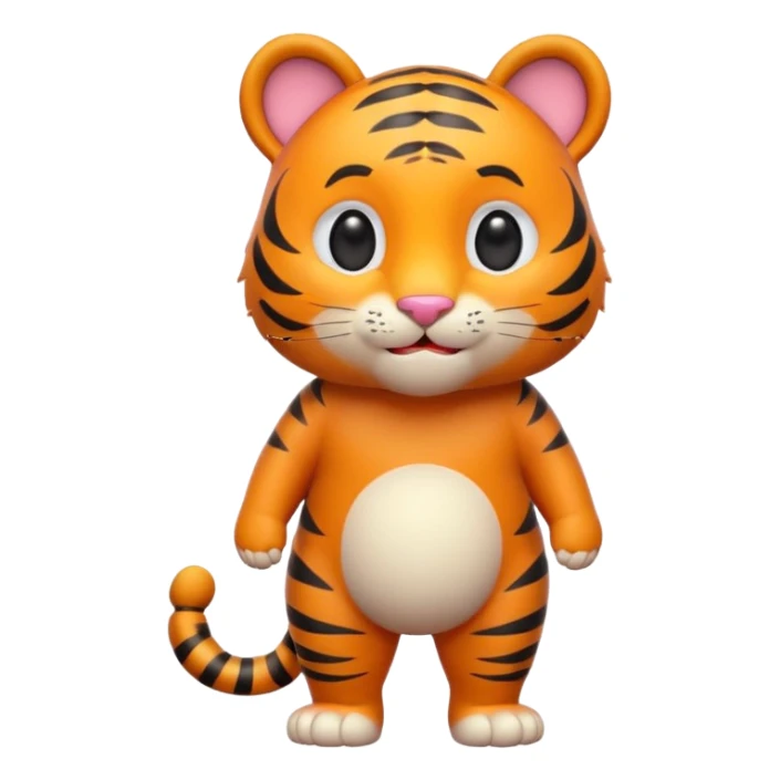 Cute tiger emoji, full body, standing pose, smiling face, big round eyes, orange fur with black stripes, chubby and adorable, short legs, small ears, 3D emoji style, smooth shading, bright colors, simple clean design, transparent background sticker