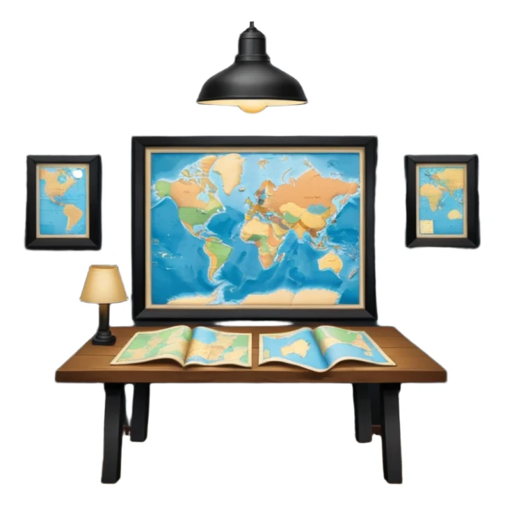 A dark room full of maps with table and over light ￼ sticker