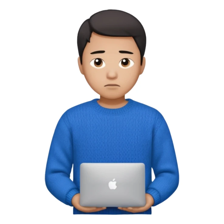 a asian guy wearing a blue knit with white shirt, looking sad, holding a macbook, only upper body, high quality sticker