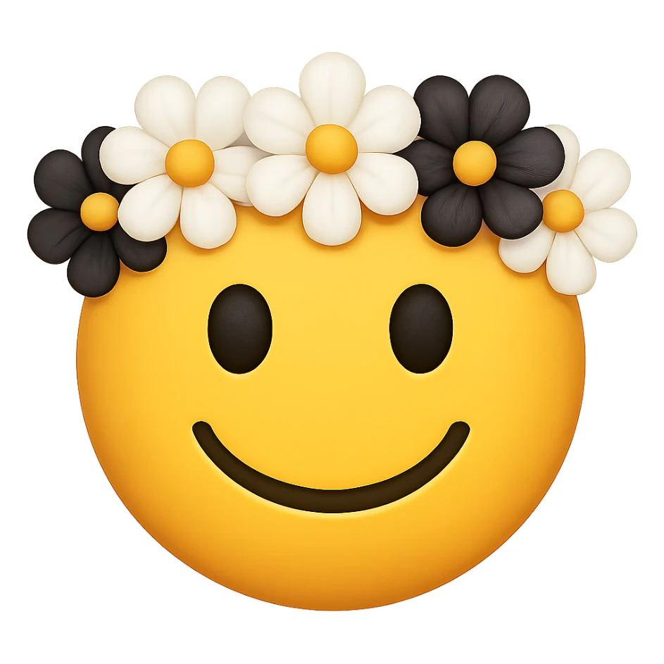 yellow face with white and black flower crown emoji, digital illustration, remove background sticker