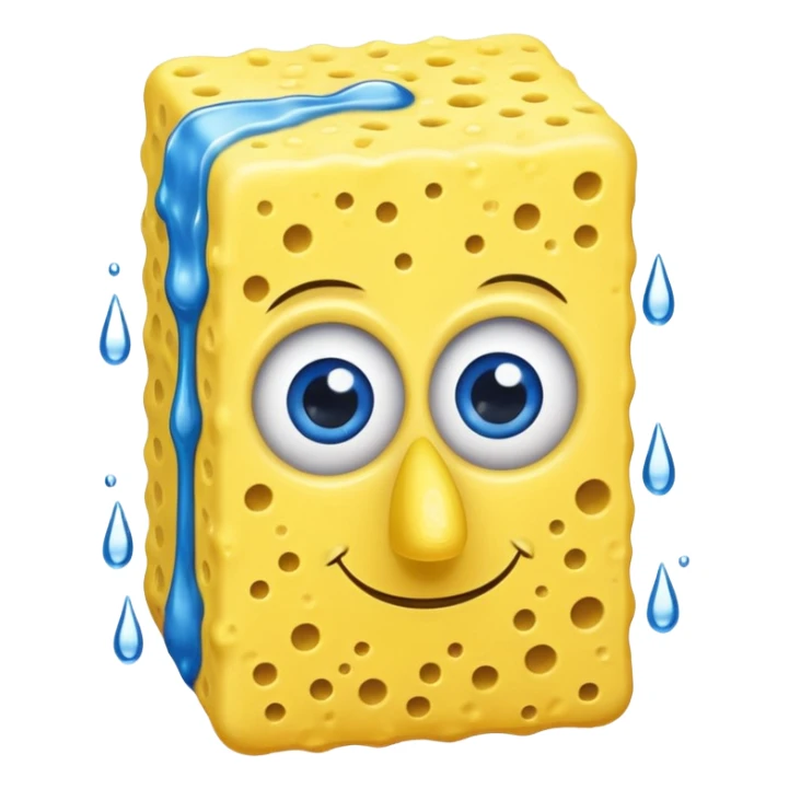 A yellow Kitchen sponge with blue eyes and a yellow skinny nose sticker