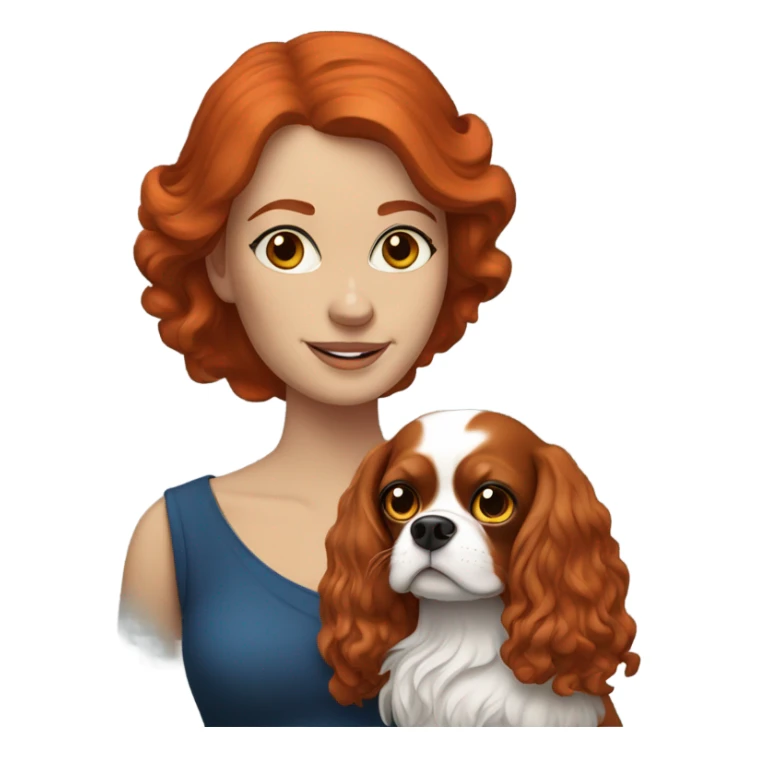 A red haired woman with blue eyes and holding a King Charles Cavalier sticker