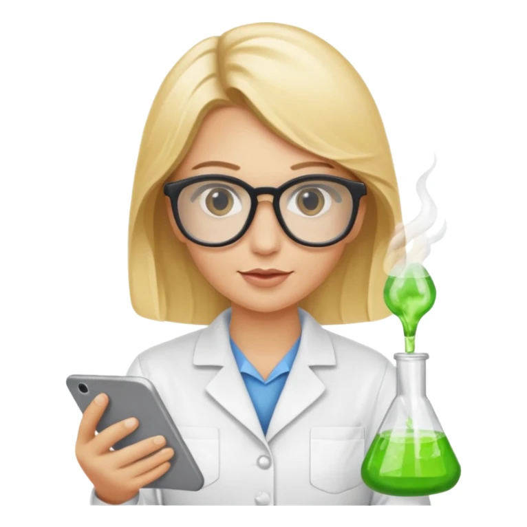 Eine hellblonde Chemikerin mit Kittel, großer Labor-Sicherheitsbrille und typischem Erlmeyerkolben in der Hand sticker