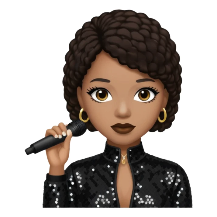 Sammie, R&B Singer with dark brown hair, black sequin outfit sticker