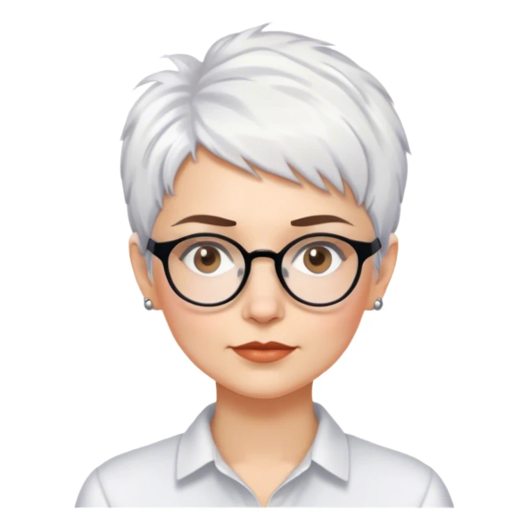 White woman with short pixie messy white hair social scientist glasses brown brows sticker