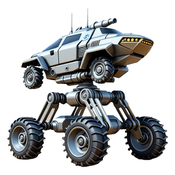Futuristic jumping four-legged armored canine sporty self-balancing massive mech trail assault vehicle motor-in-wheel side-hill leaning actively robotically articulating hydraulic independent suspended pod gimbal defender antique off-road racing rover with large fast engine basher crawler megatron  sticker