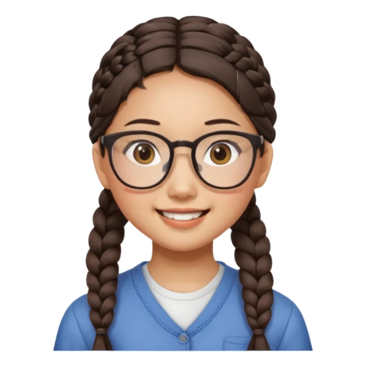 Asian girl, 14, side braid, square glasses, face tilted, loud smile sticker