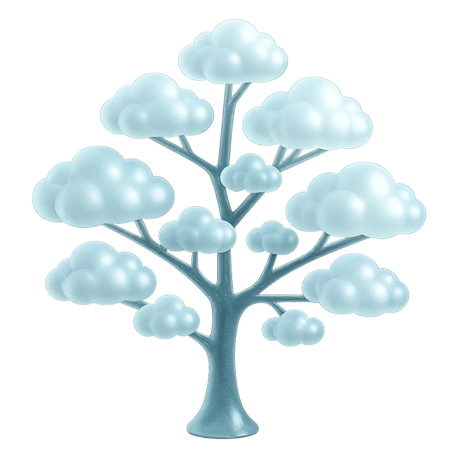 one tree with many branches, each branch covered with many small, very bright white, fluffy, convex clouds, matte glass style, rich color, minimalism sticker