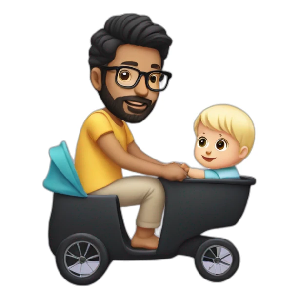 Black haired man with beard and glasses pushing buggy with blonde baby sticker