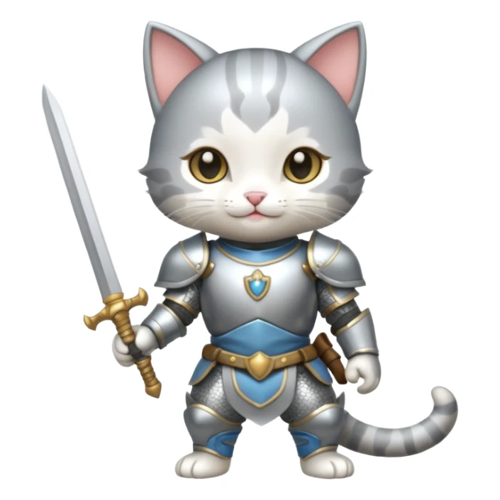 baby chibi cat in silver armor, full body, smile, hold sword sticker