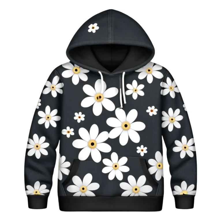The BLACK Denim Tears Hoodie features a black base with distinctive white and black  open flower spots with empty space in the middle, These hollow ring-like patterns are scattered across. BLACK AND WHITE FLOWERS sticker