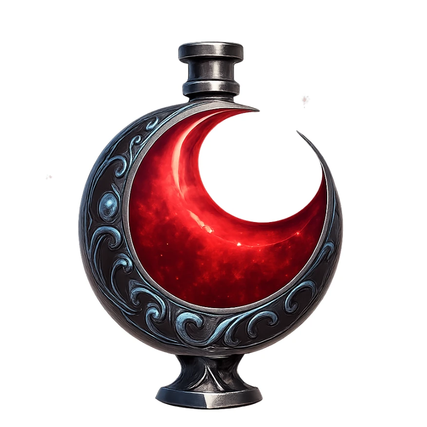 prabangus eliksyro buteliukas, raudono mėnulio forma, paslaptingas, mistinis, sodri raudona spalva, sidabrinės ir holografinės detalės, labai mažas kaklelis, vientisas dugnas, dar daugiau magiškų efektų, skaidrus fonas, buteliukas plūduriuoja ore, be pagrindo ar šešėlio, modernus, kolekcijai tinkamas sticker