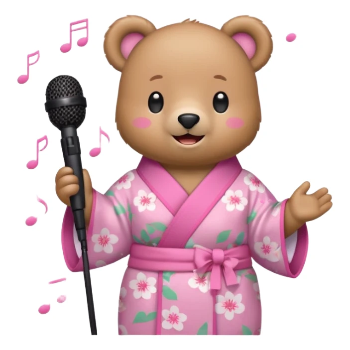 A cute light-brown bear wearing a pastel pink sakura-patterned kimono, normal balanced body ratio.  
Holding a microphone and singing happily, music notes floating around and a bright joyful smile.  
Kawaii emoji style, minimalistic clean sticker illustration, white background. sticker