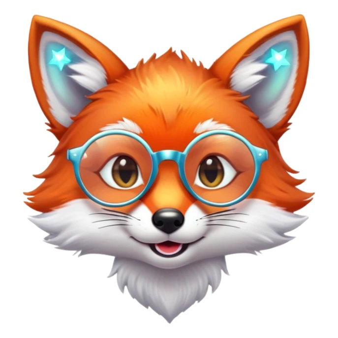 A sly fox with iridescent fur, a glowing tail, a silver star on its forehead, and round glasses, giving a mischievous smirk sticker