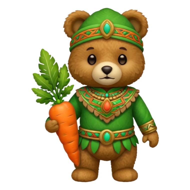 teddy bear, wearing green mayan ancient custome, with carrot half body sticker