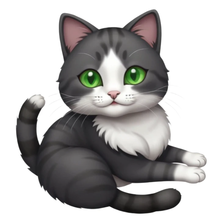 beautiful female solid dark grey cat with green eyes, white toes/paws and white patch on her chest rolling upside down sticker