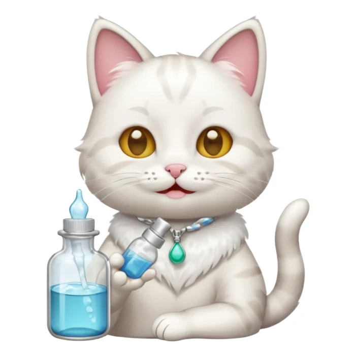 cat holding tiny bottle of serum looking happy pampered emoji style sticker