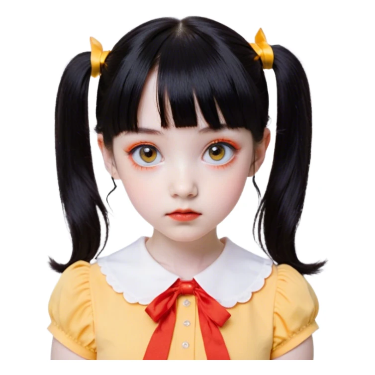 Face: Round with a porcelain-like finish, slightly eerie but innocent expression.
	•	Eyes: Large, dark, and slightly glossy, with a red sensor-like glow when activated.
	•	Hair: Black, neatly tied into two low pigtails with short bangs.
	•	Outfit: Yellow-orange short-sleeved shirt with a Peter Pan collar and a high-waisted orange jumper dress.
	•	Details: A small, unsettling smile and a slightly tilted head to capture her eerie nature. Style Apple emoji. Full size doll sticker