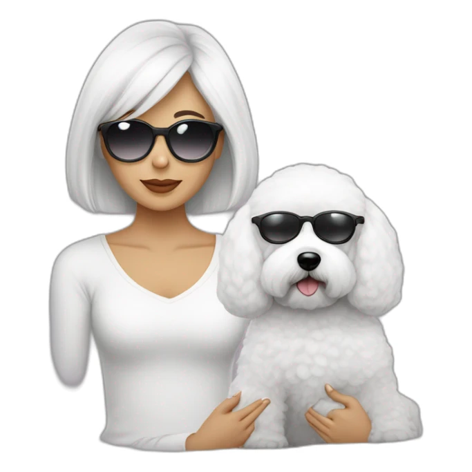 mujer piel blanca cabello obscuro largo con gafas  y perro bichon blanco sticker