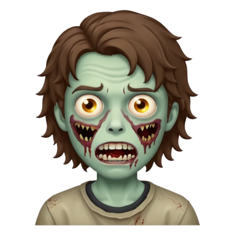 a boy with wavy hair, a zombie-shaped mouth piercing hum sticker
