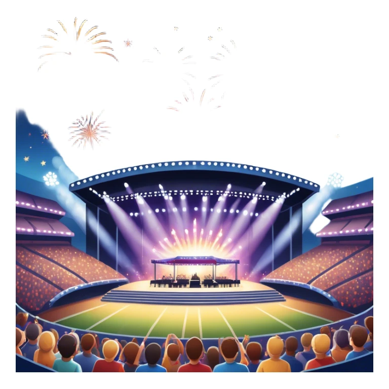 An icon showing a stadium stage with a concert in full swing, bright stage lights illuminating the performers, and fireworks bursting in the sky. The excitement of the crowd is palpable, symbolizing a love for live music and unforgettable shows. transparent background. sticker