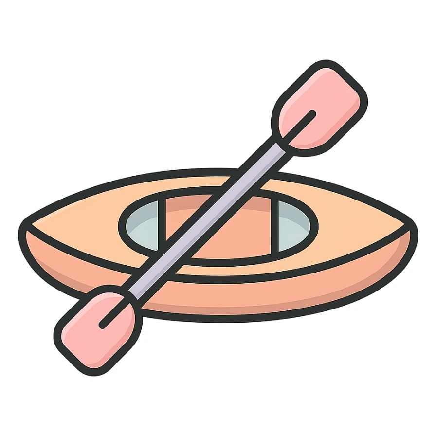 cute canoe for rowing with paddle, side view, icon-color-outlined style, detailed shading, thin clean outlines, soft rounded features, pastel palette #98B5BC #B5B3C1 #C9A3C9 #E4C0CA #F7DCD1 #F7C0AA, Japanese pop art, sticker look, highly detailed, vector clarity, soft lighting, subtle shadows, transparent background sticker