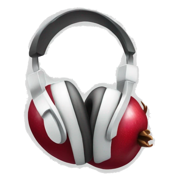 An IOS, Apple designed pomegranate emoji wearing headphones, facing to the right slightly. No face features. White background. Simple design. sticker