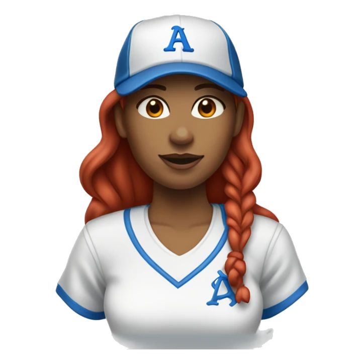 front facing standing up female coach with long red hair, wearing a white t-shirt and a simple baseball blue hat sticker