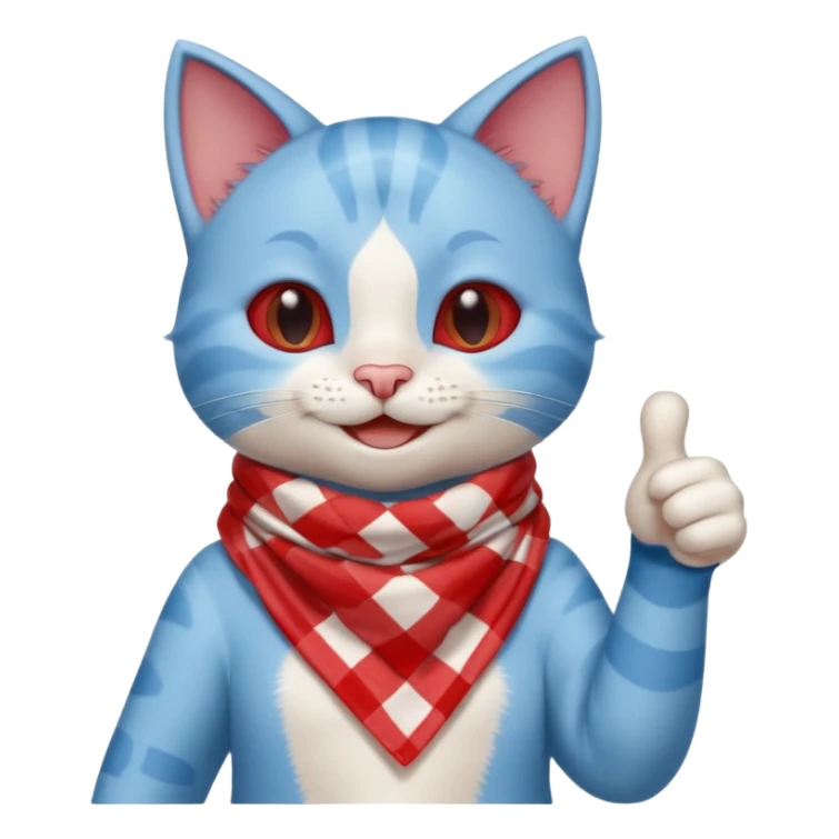 A Baby Blue Cat smiling and giving thumbs up, wearing red Checkered Triangle scarf sticker