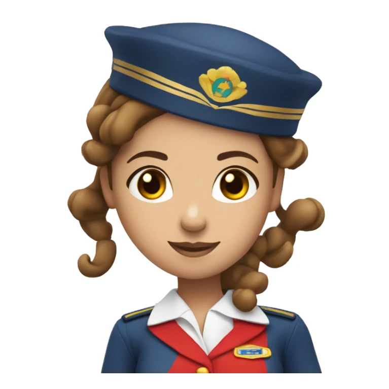 A white stewardess with brown hair in a red uniform and a red beret with brown eyes sticker