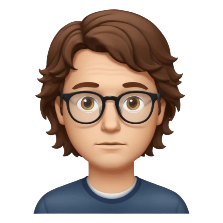 white male with glasses and brown wavy hair, looking thoughtful emoji sticker