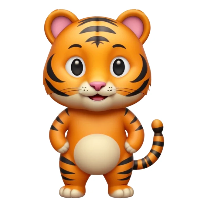Cute tiger emoji, full body, standing pose, smiling face, big round eyes, orange fur with black stripes, chubby and adorable, short legs, small ears, 3D emoji style, smooth shading, bright colors, simple clean design, transparent background sticker