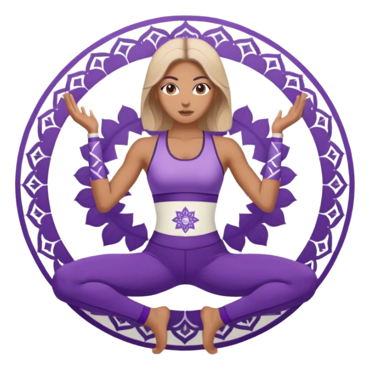 A woman in purple activewear holding warrior two pose, centered with a white mandala pattern behind her. sticker