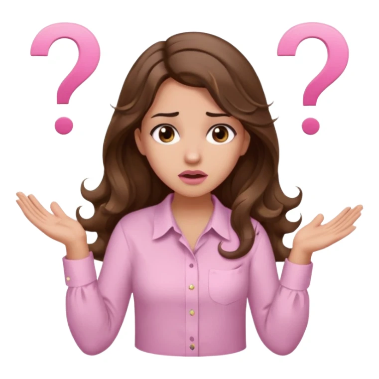 girl with wavy long brown hair, brown eyes, light to medium complexion, long lashes, light pink lipstick, wearing light pink shirt, shrugging with both hands, confused, question mark sticker