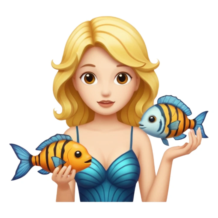A siren holding a Monarch butterfly and playing with a puffer fish sticker