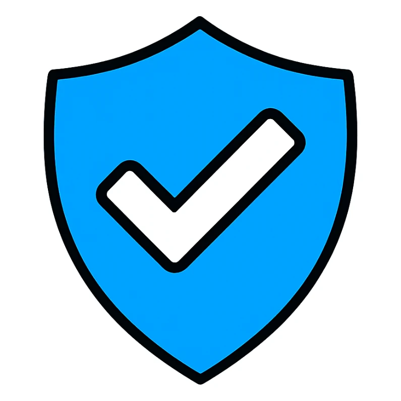 verification badge in shield shape with blue and white checkmark, icon style sticker