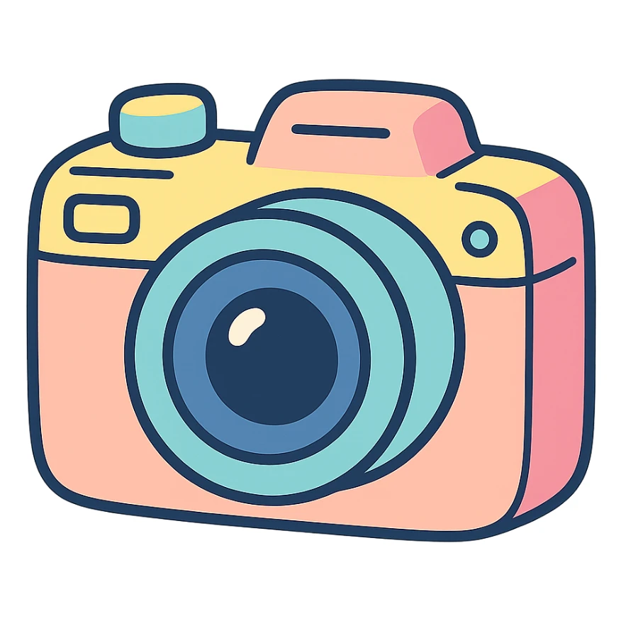 a modern digital camera in pastel toon style, gentle pastel palette, rounded edges sticker