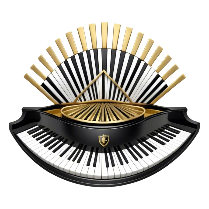 Create an elegant and festive emoji collage representing keyboard instruments, styled like a heraldic emblem. The design should feature a central focal point of black and white piano keys, arranged in a semi-circular or shield-like shape. Around the piano keys, add intertwining musical notes that form flowing ribbons, creating a dynamic and celebratory atmosphere. The design should be professional, with polished silver and gold accents on the keys and notes, highlighting the luxury and sophistication of the instruments. Add subtle shading and lighting effects to give the design a refined, 3D appearance. The background should remain transparent, and the overall feel should evoke grandeur, artistry, and a sense of celebration. sticker