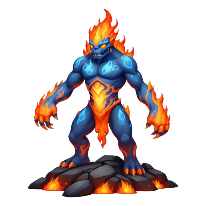 a mystical fast lava creature without arms with molten lava on its head and some rocky shoulders, full body, fire crystals, blue flames sticker